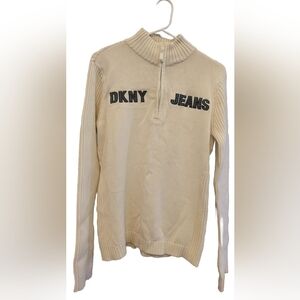 Vintage White DKNY Quarter Zip Cotton Pullover Sweater - Size XL